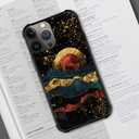 DJSOK Compatible with iPhone 15 Pro CaseDesign Pattern Back Bumper Anti Scratch Reinforced Corners Soft TPU Caver,Cases for Men Women-Luxury Golden Natural Mountain Sun and Moon