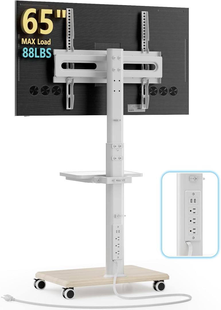 AX WABER Mobile TV Stand with Power Outlets&Shelf, Floor Portable TV Stand with Wheels for 27-65Inch LCD LED OLED Flat/Curved Panel Screen, Swivel,Height Adjustable&Wood Base, RollingTV Cart White