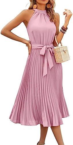 KIRUNDO Women's 2025 Summer Sleeveless Halter Neck Pleated Midi Cocktail Dresses A Line Flowy Beach Sun Dress with Belt, M