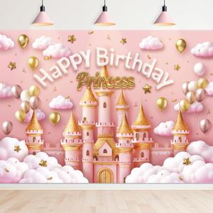 Princess Castle Backdrop 7Wx5H Photography Pink Goleden Balloons Pastel Cloudy Sky Cute Lovely Fantasy Pretty Beautiful Background Girly Party Decorations Banner Photo Booth Props Supplies