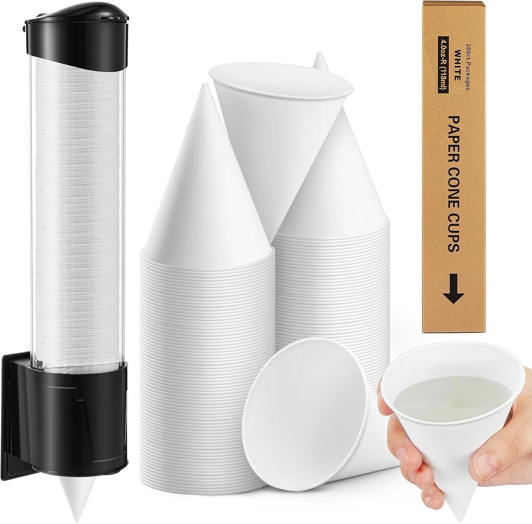 Roshtia 200 Pcs 4 oz Snow Cone Cups Paper Thicken Disposable with 1 Cups Dispenser Pull Type Wall Mount Cup Holder Paper for Restaurants, Home, and Office, and Shaved Ice, Cold (White)