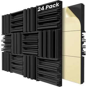 24 Pack Self-Adhesive Sound Proof Foam Panels,12 X 12 X 2 inches Acoustic Foam,High Resilience Sound Proofing Padding for Wall,Sound Absorbing Panels Suitable for Home Studios, Offices - Black