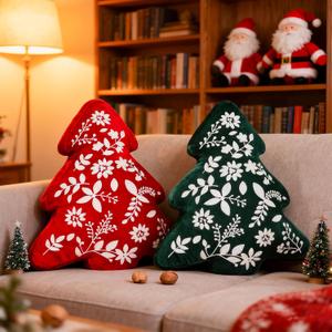 Lanpn Christmas Tree Pillows Set of 2, Christmas Decoration Winter Soft Cute 3D Shaped Xmas Tree Throw Cushion with Leaves for Sofa Bedroom Xmas Decor (18x20 inch, Red & Green)