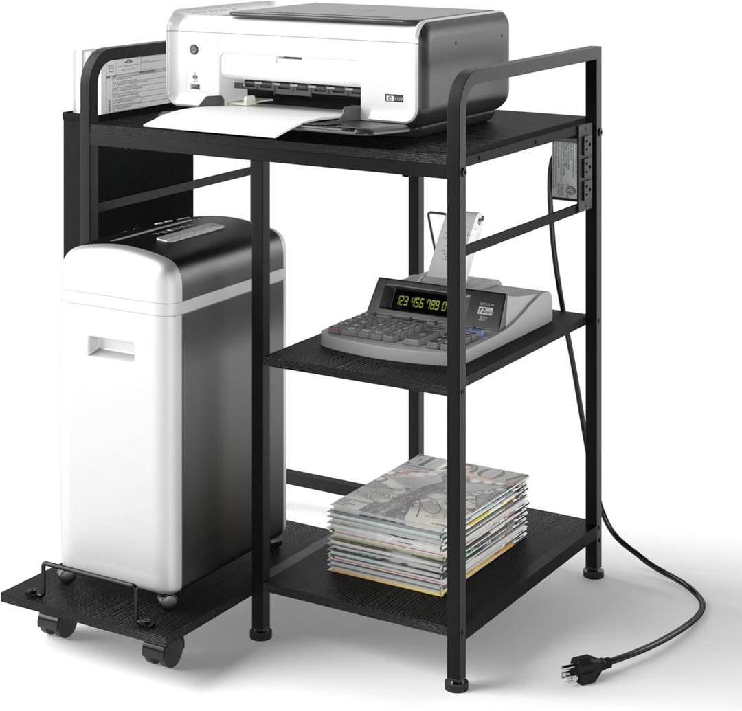 Home Printer Stand with Charging Station, 24x18 Inches Stands for Large Printer, Printer Shredder Stand with Storage for Home Office, Table for Fax Machine/PC Tower (Black)