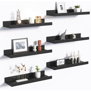 upsimples Floating Shelves for Wall, Wall Shelves for Decor Storage Set of 6, Wall Mounted Wood Shelf for Bedroom, Living Room, Bathroom, Kitchen, Picture Ledge Shelf, Black
