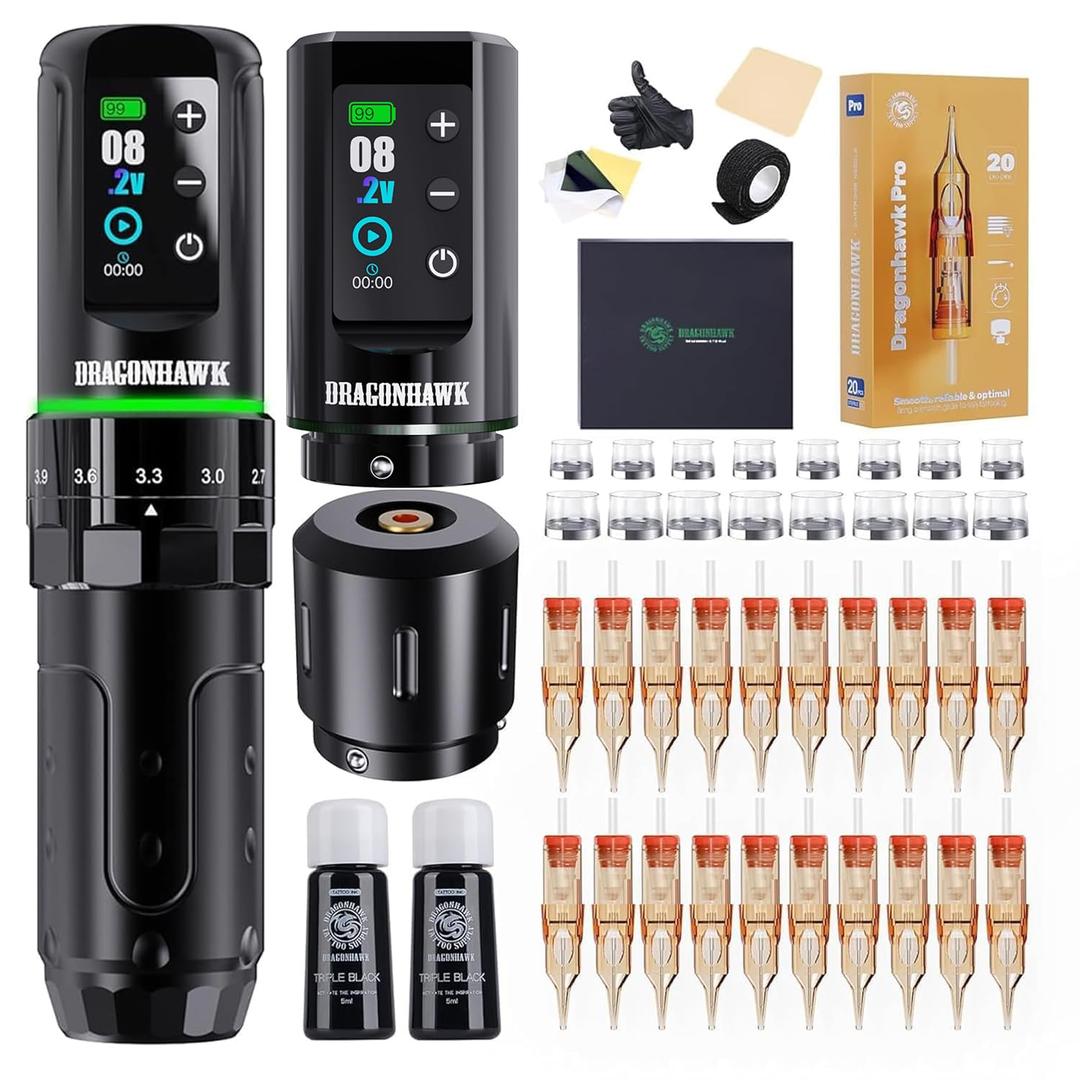 Dragonhawk L3 Tattoo Kit, Cordless/Cord Complete Tattoo Gun Kit Pen Machine, 7 Strokes Length, 2 Batteries 2,000mAh Power Supply with Extra Battery Rca Jack Part, Pro Tattoo Needles for Beginner (Black + Two Batteries)