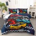 AILONEN Racing Car Comforter Set Full Size, Cool Speed Race Car Bedding Sets for Kids Boys,Automobile Extreme Sport Duvet Set,Checkered Squares Quilt Set,3 Pieces,1 Quilt and 2 Pillowcases,Microfibre