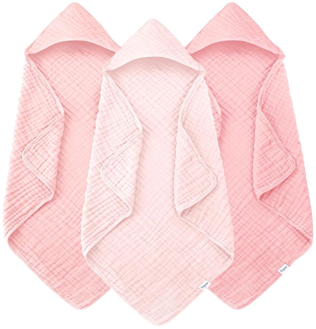Muslin Hooded Baby Bath Towels - 3 Pack 100% Cotton Ultra-Soft Towels for Newborns, Infants, Toddlers - 32x32 Inch - Highly Absorbent, Quick-Dry Essentials for Bath Time, Beach, Pool, Pink Series