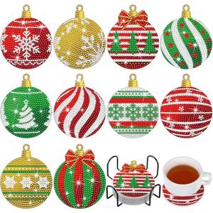 FairySandy 10 Pcs Christmas Diamond Painting Coasters Christmas Ball Diamond Art Coasters with Holder Xmas Ball Diamond Coasters 5D Full Diamond Coasters Kit Diamond Painting Kits for Adults