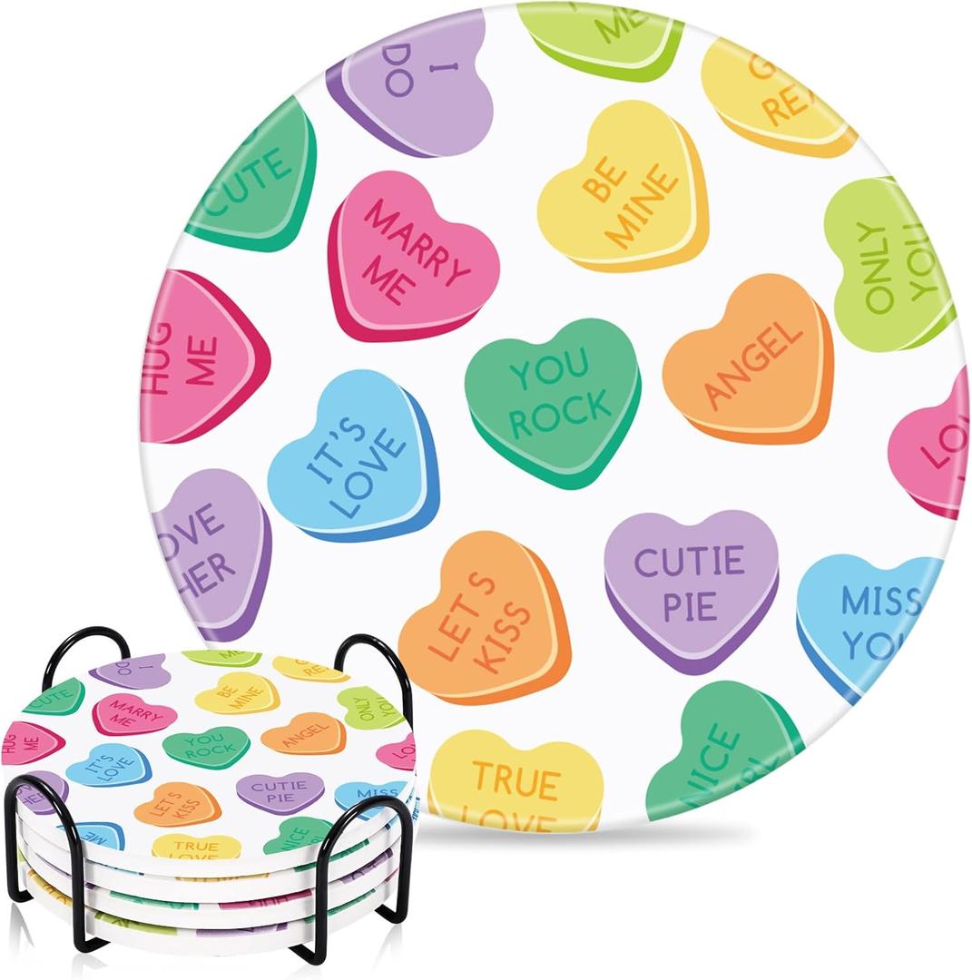 Whaline 4Pcs Valentine's Day Absorbent Ceramic Coasters with Holder Colorful Conversation Heart Cup Mats Round Quick Drying Coaster with Cork Base for Home Kitchen Drink Supplies, 4 in