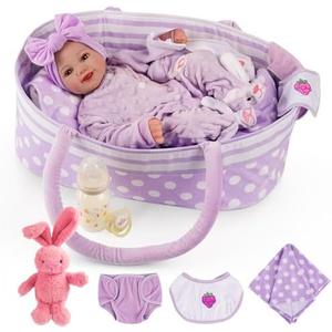 BABESIDE Lifelike Reborn Baby Dolls with Bassinet, 17 Inch Soft Body Realistic Newborn Real Life Girl Baby Dolls Soft Vinyl and Cloth Body with Basket & Feeding Kit Gift Box for Kids Age 3+