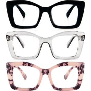 REAVEE Oversized Square Reading Glasses for Women, Blue Light Blocking Large Frame Computer Readers Spring Hinge (Black/Pink Tortoise/Grey)