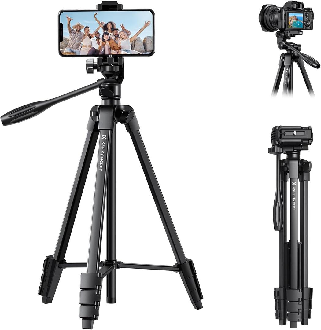 K&F CONCEPT 60'' Portable Travel Tripod, 1.34 lbs Ultra Lightweight with Remote and Cellphone Holder, 360 Panorama, Cold Shoe Interface, Portable for Travel - B174A1