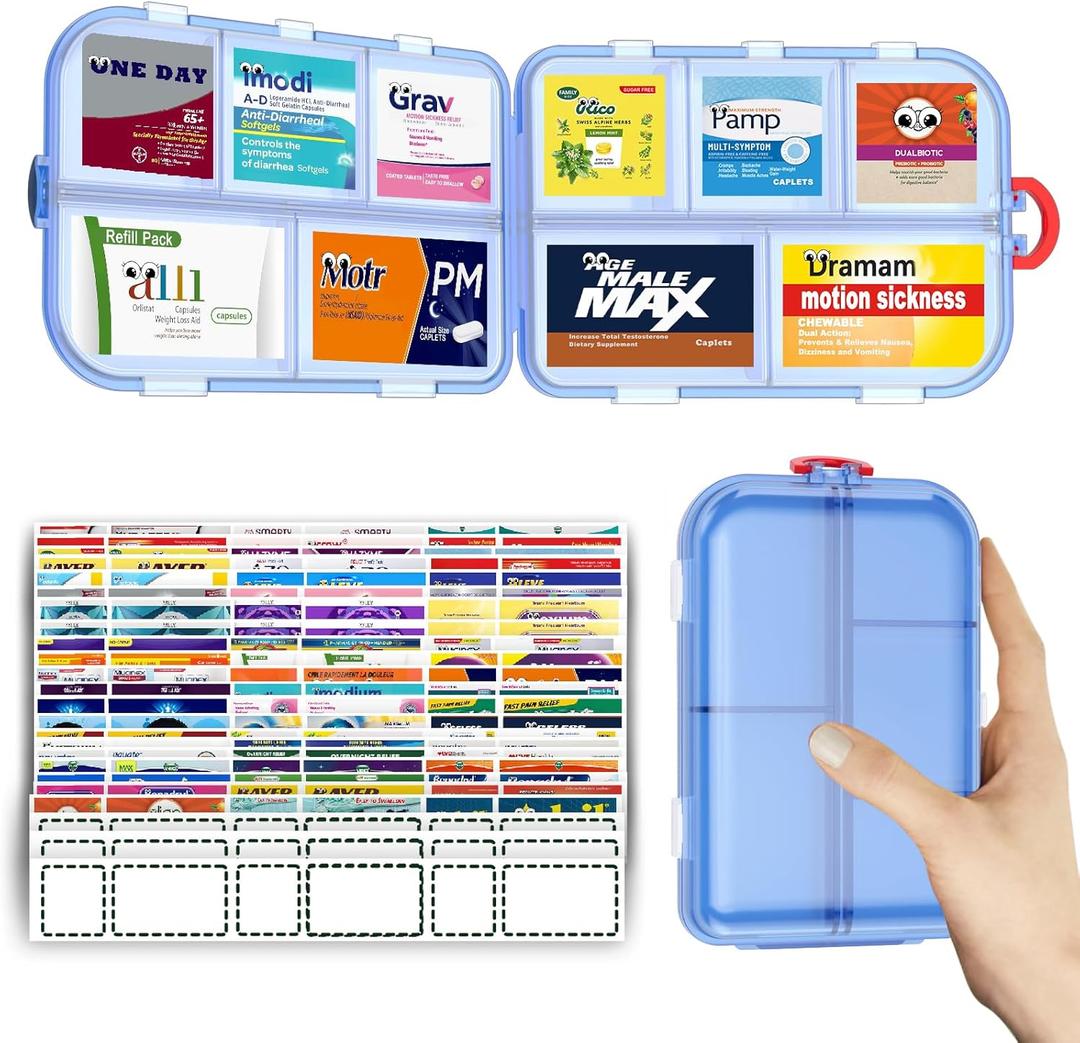 Pill Organizer, Large Travel Pill Organizer with Labels, Medicine Pill Organizer, Travel Essentials Pill Case (Blue)