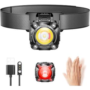 Rechargeable Headlamp with Cob LED Light, 600 Lumens Small Clip Flashlight with Magnetic Base, IP68 Waterprooft Motion Sensor Head Lamp with Red Light for Work & Outdoor.