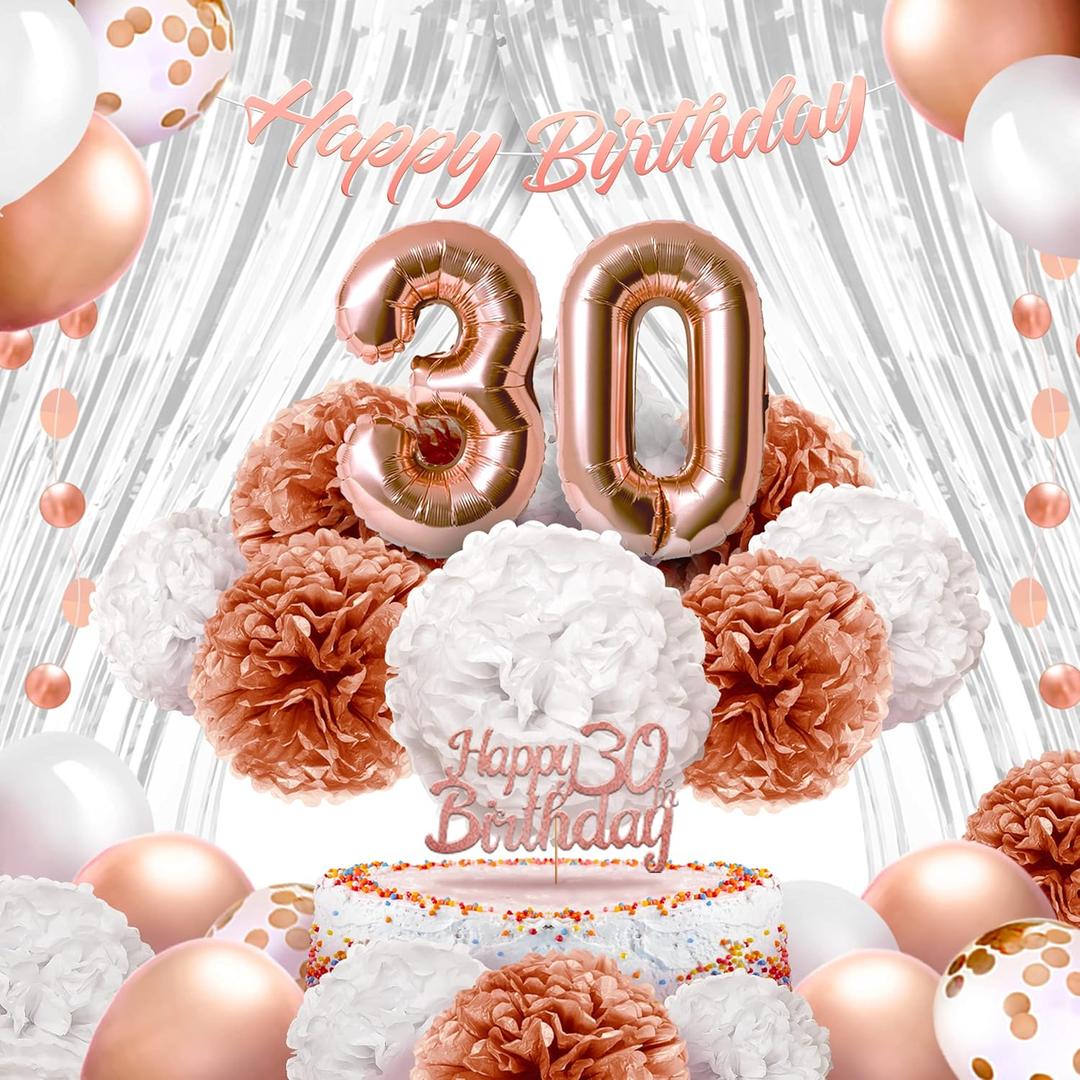 EpiqueOne 41-Piece Rose Gold 30th Birthday Decorations for Women | Includes Happy Birthday Banner, Cake Topper, Tissue Pom Poms & More | Easy to Set Up | Also Ideal for Bridal and Baby Showers & More