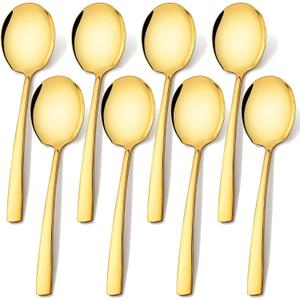 Stainless Steel Serving Spoons Large 9.2-Inch Gold Serving Spoon 8-Piece Big Serving Utensil Set for Buffet, Parties, Catering - Dishwasher Safe(8-Pieces, Gold)
