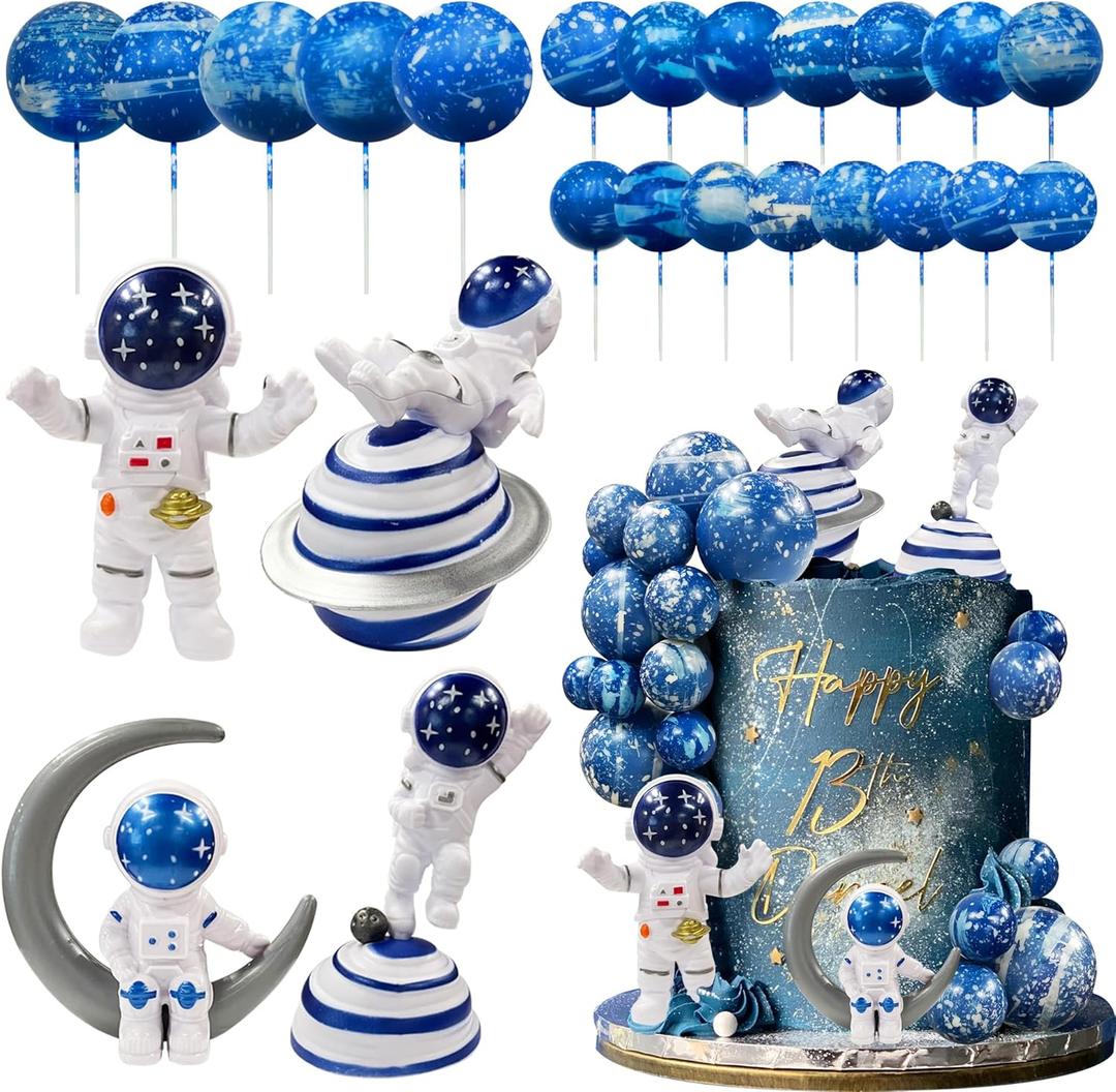 Astronaut Figurines Space Cake Toppers Blue Star Ball Cake Toppers for Space Theme Party Kids Birthday Party Baby Shower Supplies (Royal Blue)