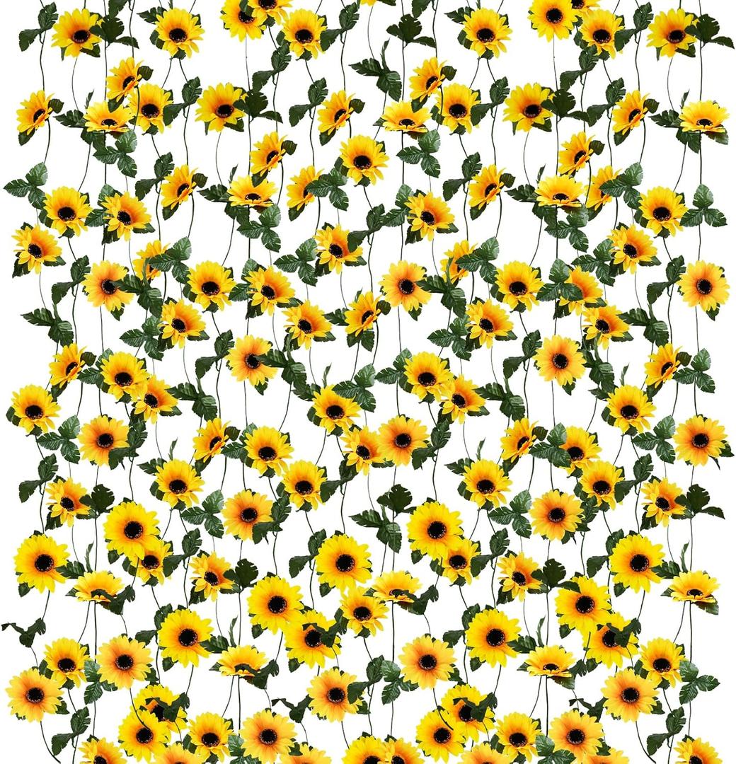 Uieke 7 Pack Artificial Sunflower Garland, 7ft/Pcs Silk Sunflowers with Green Leaves, Flowers Vines for Room Home Kitchen Garden Wedding Arch Bridal Baby Shower Party Outdoor Decor (Medium-7pcs)