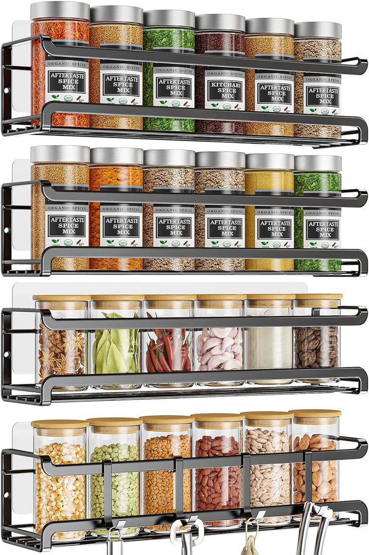 Spice Rack Wall Mounted 4 Pack,Space-Saving Spice Organizer for Spice Jars and Seasonings,Screw or Adhesive Hanging Spice Rack Organizer for Your Kitchen Cabinet,Pantry Door,11.41x2.75x2.75in (Black)