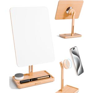 YEOUX Premium Desktop Glass Whiteboard & Magnetic Phone Stand 2-in-1 | 360 Adjustable | Solid Wood | Compatible with MagSafe, Small Dry Erase Board for Office Home Desk