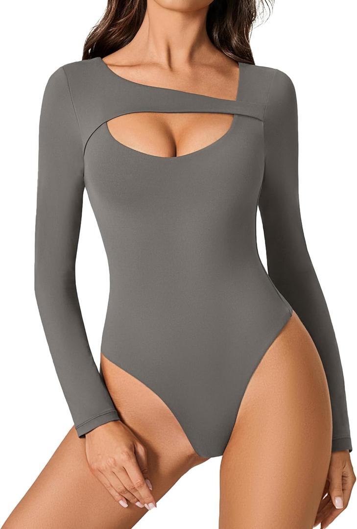 Avidlove Women Long Sleeve Bodysuit Scoop Neck Cutout Thong Body Suits Double Lined Slim Fitted Leotard Going Out Tops (Large, Dark Grey)