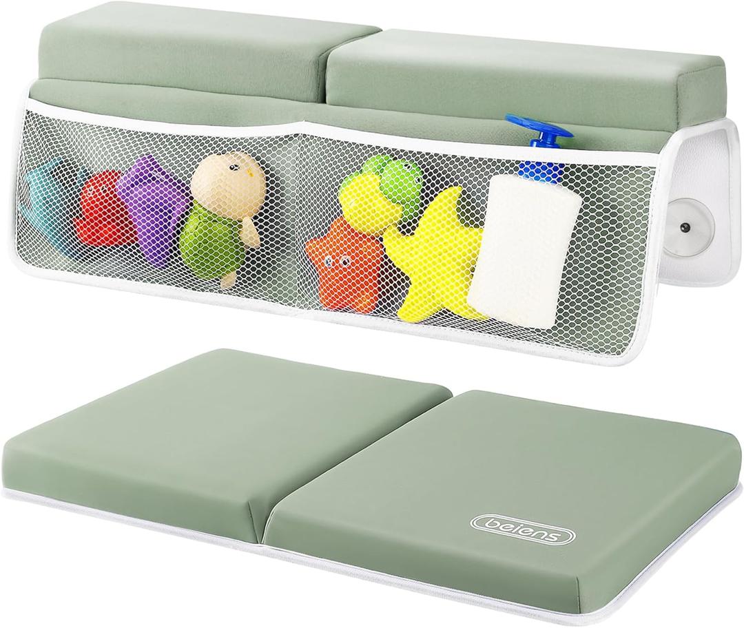 beiens Bath Kneeler and Elbow Rest Pad Set - 1.5'' Comfortable Thick Baby Bath Kneeler Pads, Quick Dry Soft Kneeling Pad for Baby Bath Time, Non-Slip Knee& Arm Support Bathtub Mat with Toys Organizer (Grey Green)