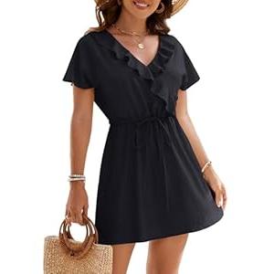 BMJL Womens Bathing Suit Cover Up Ruffle V-neck Swimsuit Coverup Short Sleeve Beach Cover Up(Black, XL)