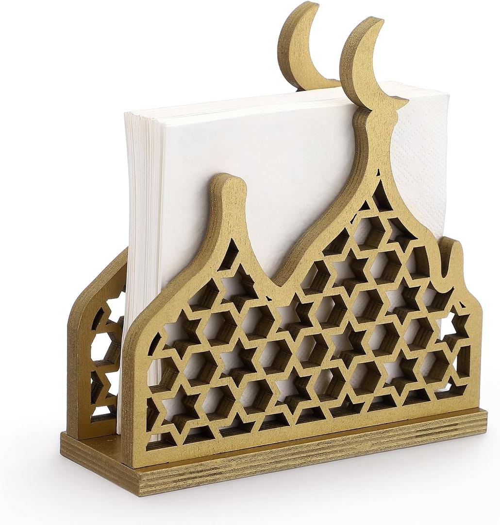 Namalu Eid Gold Napkin Holder for Tables Classical for Islamic Ramadan Holiday Napkin Holder Wooden Ramadan Kareem Tissue Dispenser Mubarak Wood Tissue Dispenser for Storage