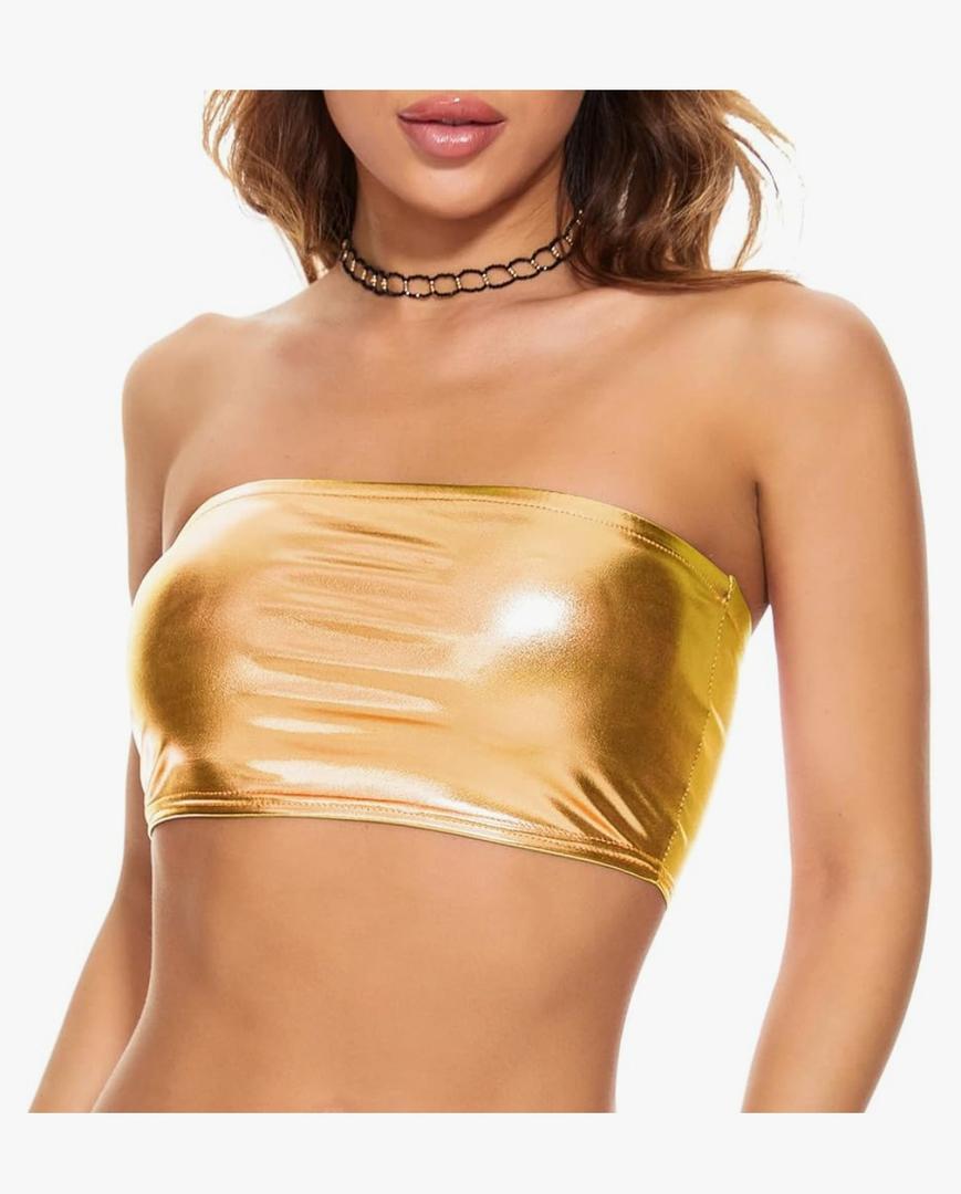 Women's Metallic Crop Top Shiny Strapless Tube Bra for Dancing, Raves, Festivals, Costumes, XL