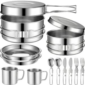 14-Piece Camping Cookware Set, 304 Stainless Steel Pots and Pans with 2 Sets of Cups, Plates, Forks, Knives, and Spoons for Camping, Backpacking, Outdoor Cooking, and Picnic