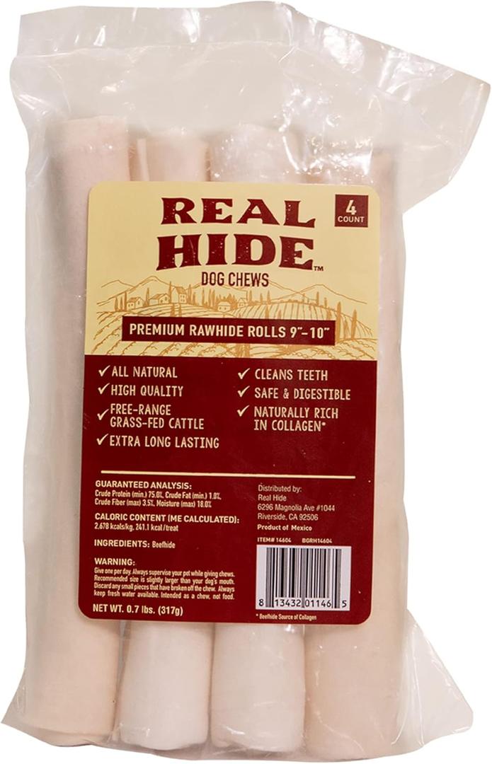 Real Hide All Natural Dog Chew Treats - Premium Rawhide Rolls, 9-10 Inch - Long Lasting Grass Fed Free Range Beef Hide for Medium/Large Dogs - 4 Count
