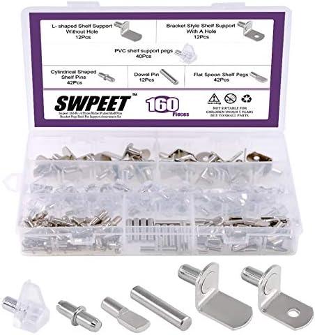 Swpeet 160Pcs 6 Styles Shelf Pins Assortment Kit, Top Quality Nickel Plated Shelf Bracket Pegs Cabinet Furniture Shelf Pins Support for Shelf Holes on Cabinets, Entertainment Centers