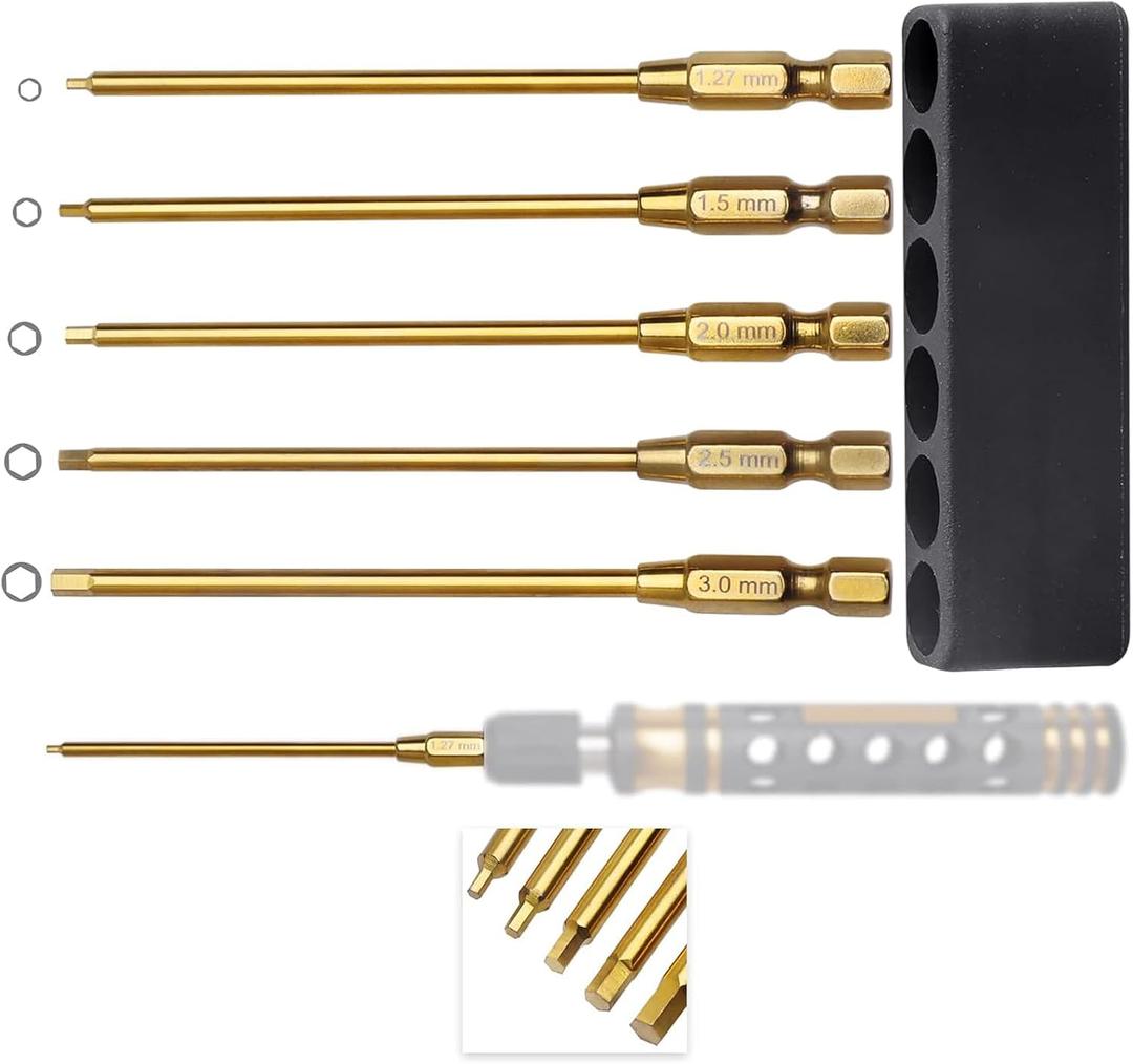 1/4" Drivers 1.27mm(0.05") 1.5mm 2mm 2.5mm 3mm Titanium RC Hex Driver Bit Set Quick Change Allen Key Wrench Combo for Electric Screwdrivers/Power Drill Fit Traxxas Axial RC Cars Repairing