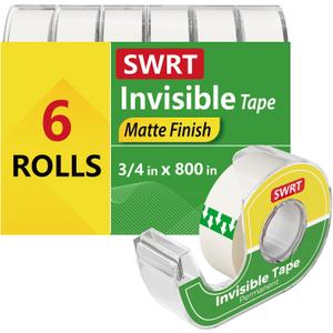 SWRT Invisible Tape with Dispensers, Matte Finish Clear Tape, 6 Rolls, 3/4 in x 800 Inches Each, Office Tape Rolls for Gift Wrapping, Home, School & Scrapbook Supplies