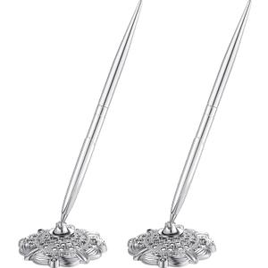 Outus 2 Pieces Hollow Round Pen Holder Pen Set for Wedding Bridal Engagement Guests Book Valentines Favor (Silver)