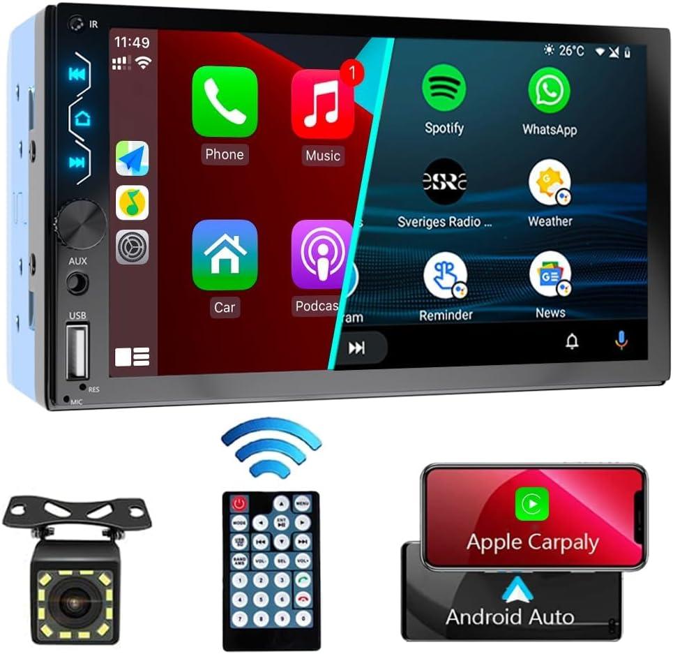 7 Inch Touchscreen Car Radio with Apple Carplay and Android Auto - Bluetooth, Backup Camera, Mirror Link, SWC, USB/AUX/Subwoofer