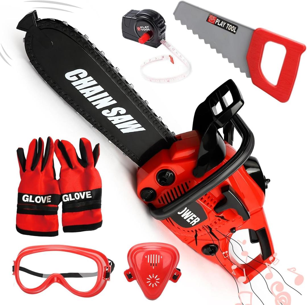 TOY Life Toy Chainsaw Kids Tool Set with Gloves Toddler Pretend Play Construction Tool Electric Chainsaw Play Set Outdoor Toy for Kids Halloween Costume for Boys Ages 3 4 5 6 7 8, Medium