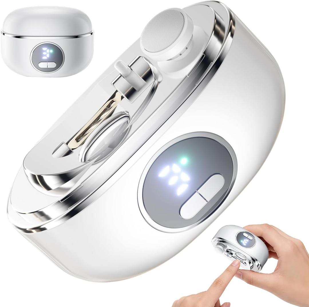Electric Nail Clippers, 2 in1 Smart Toenail Clippers with File & Nail Trimmer, Polishing for Fingers and Toes, Rechargeable Fingernail Grinder with 3 Speeds for Senior Adults Caregivers, Pearl White