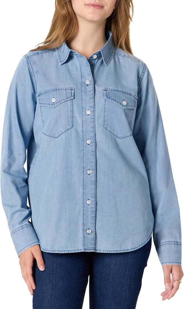 Amazon Essentials Women's Relaxed-Fit Denim Chambray Button-Down Long-Sleeve Shirt, Medium