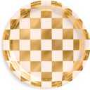 xo, Fetti Gold Checkered Paper Plates | 25 pcs | Bachelorette Tableware, Birthday Party Supplies, Modern Disposable Setting, Dinner Table Decor