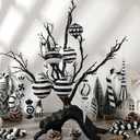 48 Pcs Black and White Christmas Ornaments, Large Hand Painted Holiday Decor with Assorted Sizes & Designs, Hanging Plastic Stripe Dot Ball for Christmas Tree Party Decoration