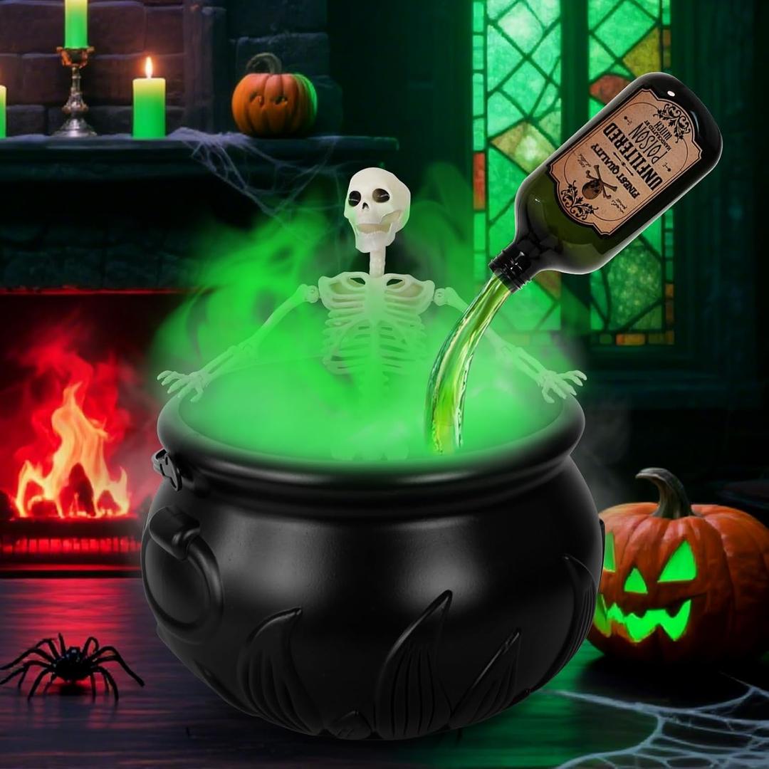 Halloween Decorations Indoor,10" Large Black Witch Cauldron with Skeleton DIY Cool Magic Floating Potion Bottle Mist Maker Fogger Halloween Decor for Home Table Party