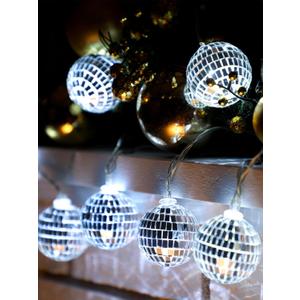 BBTO LED Disco Ball String Light Battery Powered Mirror Balls Ornaments for Outside Backyard Porch 70s 80s Disco Party Supplies(1.57 Inch, Silver White)