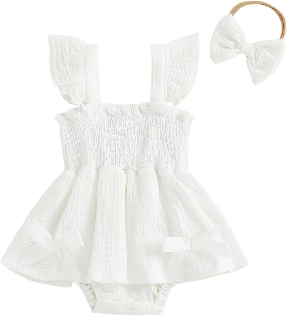 Thorn Tree Baby Girl Summer Clothes Newborn Outfit Ruffle Romper Infant Baby Dress Bow Headband Solid Cute Outfits Girls, Size 90 (White)