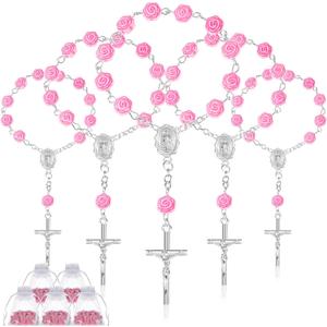 Yinkin 30 Pieces Baptism Rosary Mini Rosary Baptism Favors Finger Baptism Rosaries Pink Rose Shaped Beads Faux Pearls with 30 Organza Bags for Christening Weddings First Communion Party Favors