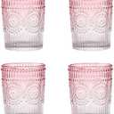 Amzcku Pink Drinking Glasses Set of 4, Vintage Glassware 10 oz- For Cocktails, Mixed Drinks, Whiskey, Beverage, Water, Milk and Juice