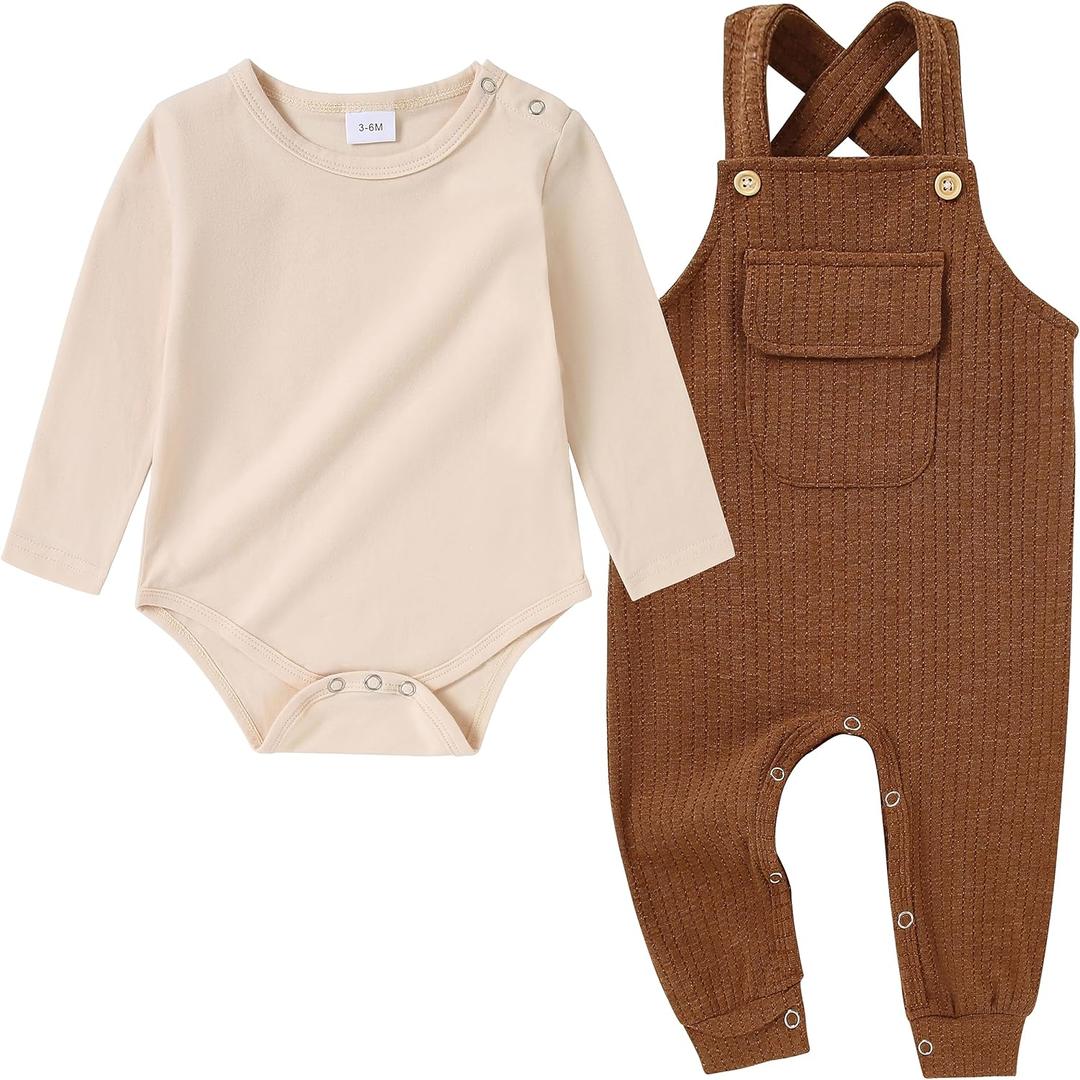 CARETOO Newborn Baby Boy Clothes Infant Boy Romper Fall Winter Outfits Bodysuit 2Pcs Striped Long Sleeve Top Overalls (6-12 Months, Brown)