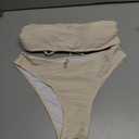 ZAFUL Women Strapless Textured Bandeau Bikini 2 Piece Swimwear Cheeky Solid Lace up Bathing Suits (Large, 1-beige)