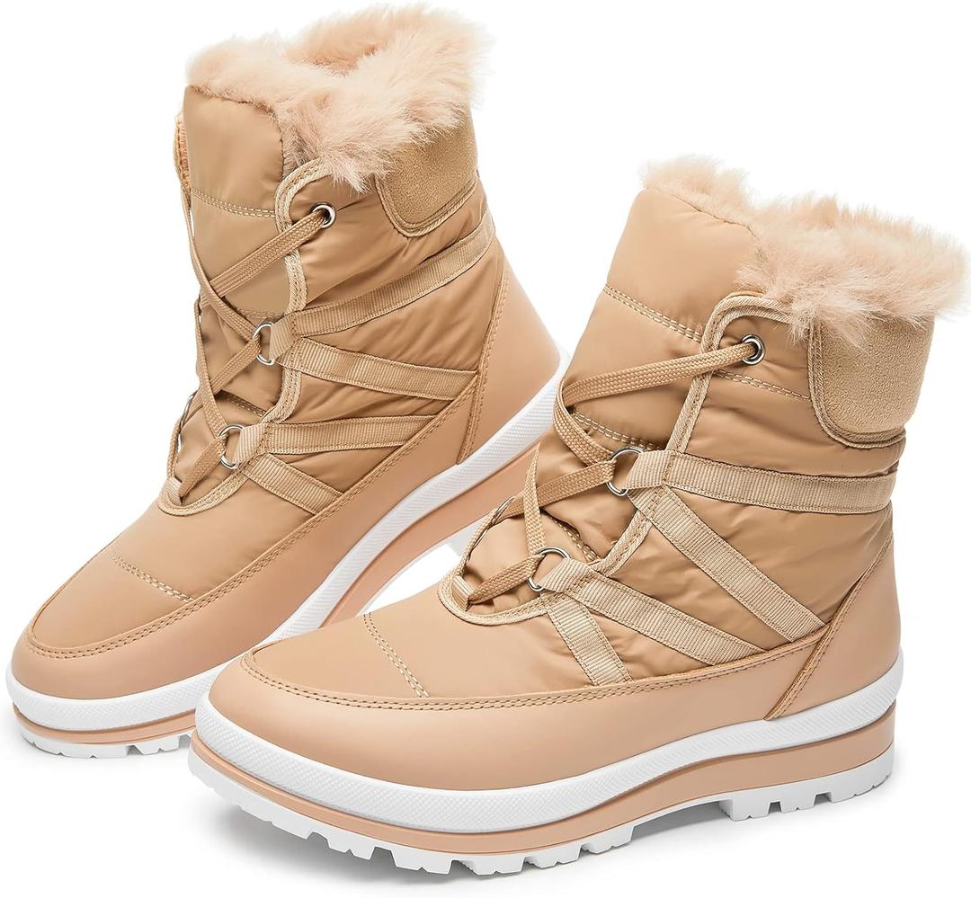 BABUDOG Women's Warm Fur Lined Mid-Calf Boots Waterproof Winter Snow Boots Non-slip Lace up Combat Boots (9.5, Apricot)